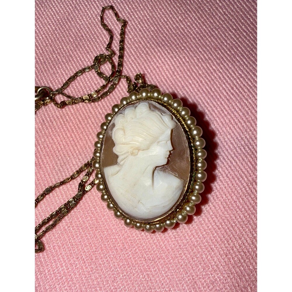 Antique 14K Gold Hand-Carved Shell Cameo Necklace, Seed Pearl Halo, 18" Chain